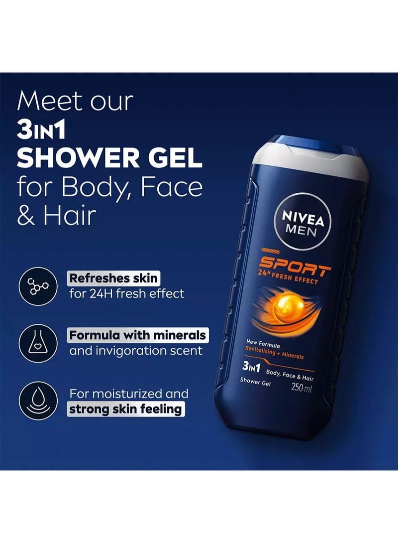 Nivea Men Sport Freshness 24H Revitalizing 3in1 Shower Gel Face, Body and Hair 250 ml - Image 2